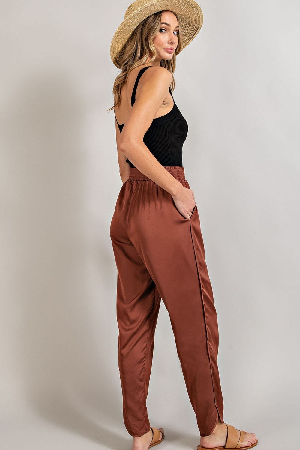 Smocked Satin Cinnamon Pants