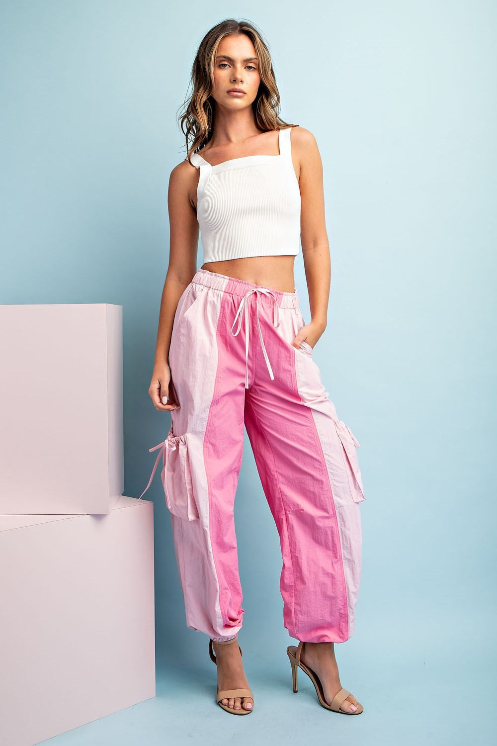 Two Tone Cargo Jogger Pants Bubble Pink