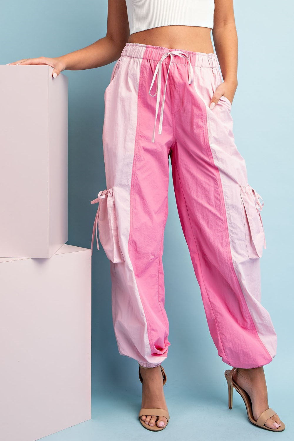 Two Tone Cargo Jogger Pants Bubble Pink