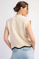 Mock Neck Short Sleeve Sweater Oatmeal Black Trim