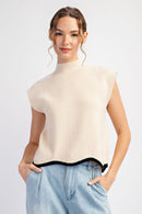 Mock Neck Short Sleeve Sweater Oatmeal Black Trim