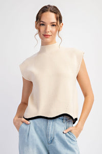 Mock Neck Short Sleeve Sweater Oatmeal Black Trim