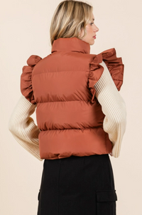 Ruffled Sleeve Puffer Vest Rust Brown