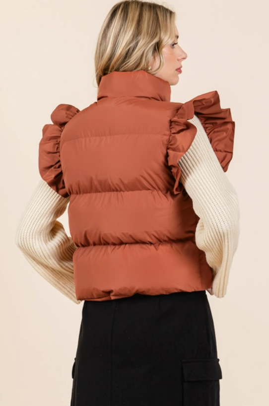 Ruffled Sleeve Puffer Vest Rust Brown