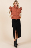 Ruffled Sleeve Puffer Vest Rust Brown