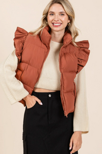 Ruffled Sleeve Puffer Vest Rust Brown