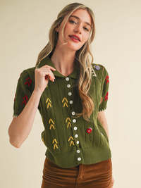 Daisy Embroidered Sweater Top Olive Green