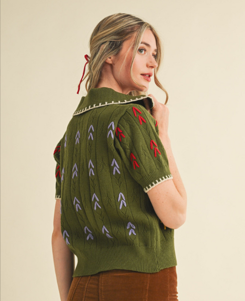Daisy Embroidered Sweater Top Olive Green