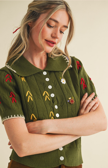 Daisy Embroidered Sweater Top Olive Green