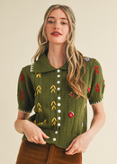 Daisy Embroidered Sweater Top Olive Green