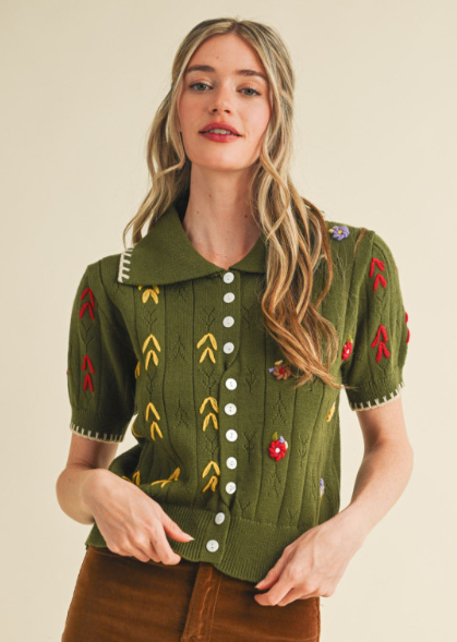 Daisy Embroidered Sweater Top Olive Green