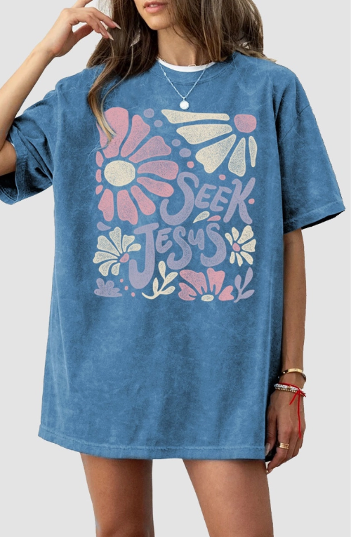 Seek Jesus Oversized Graphic Tee – Dusty Blue