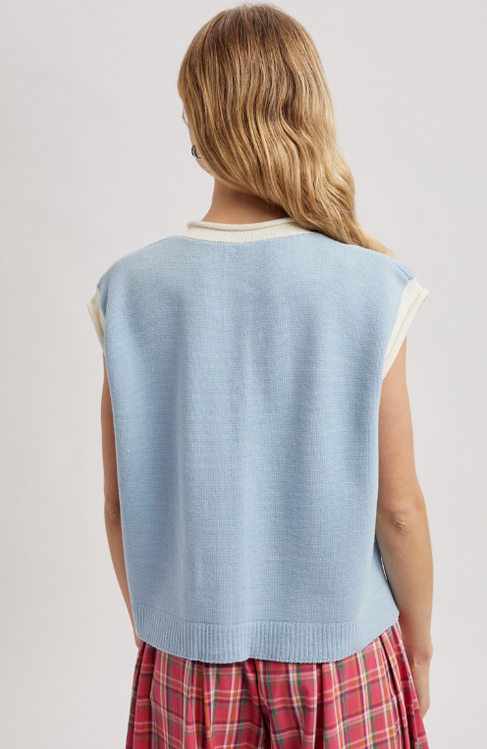 Livia Contrast Button-Up Sweater - Sky Blue