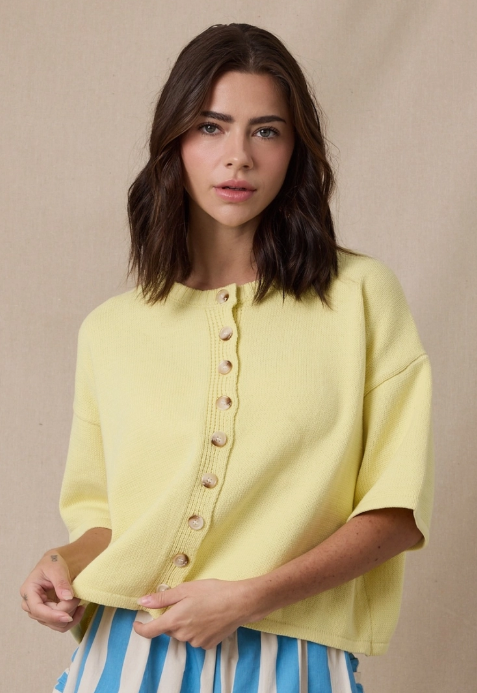 Christa Lemon Button-Up Knit Sweater Top