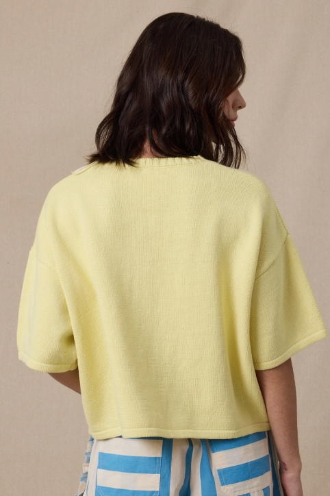 Christa Lemon Button-Up Knit Sweater Top