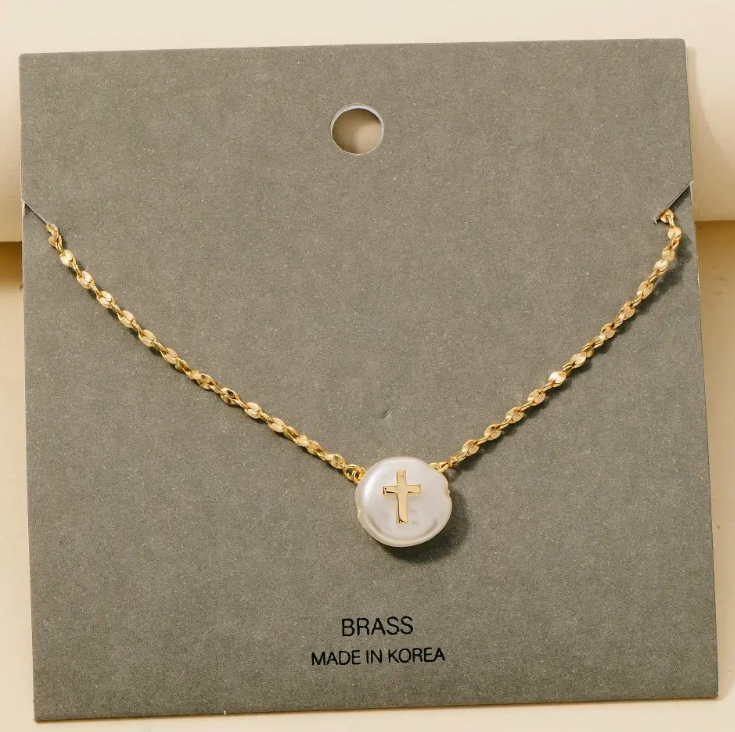 Selah Cross on Pearl Necklace - Gold
