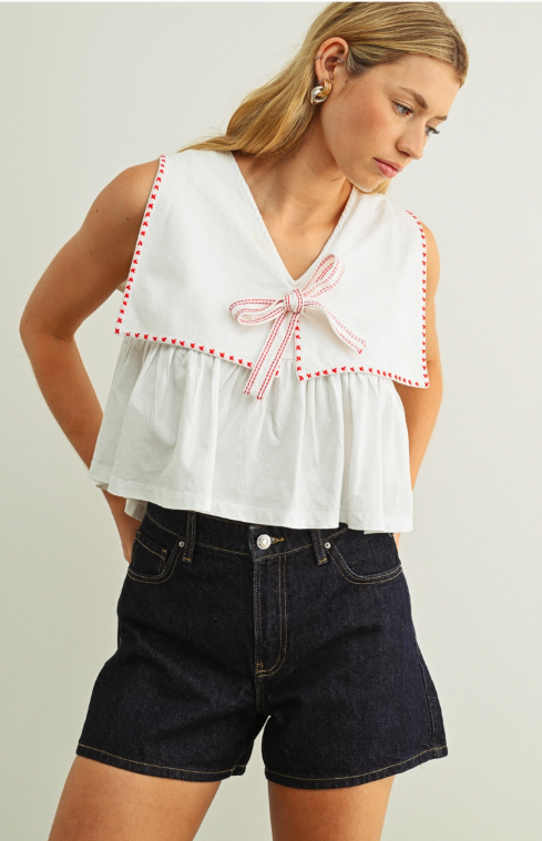 Marina Sailor Collar Top White/Red
