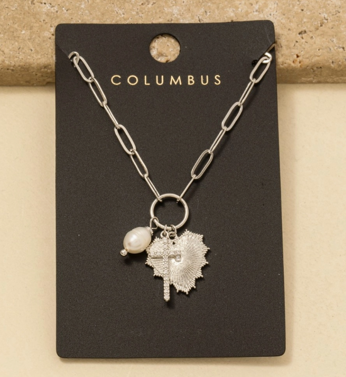 Rosalie Pearl & Heart Charm Cross Necklace – Silver