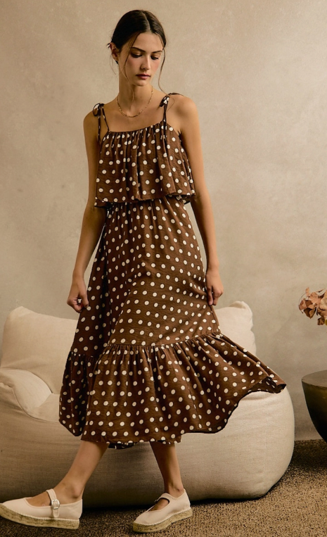 Margarette Polka Dot Midi Dress - Brown