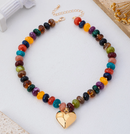 Amora Multicolor Beaded Heart Necklace - Gold