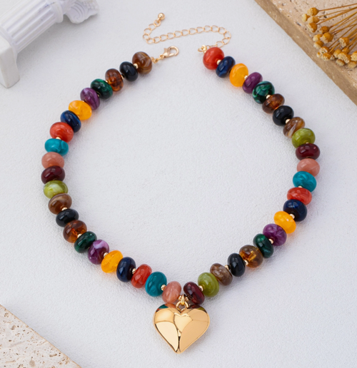 Amora Multicolor Beaded Heart Necklace - Gold