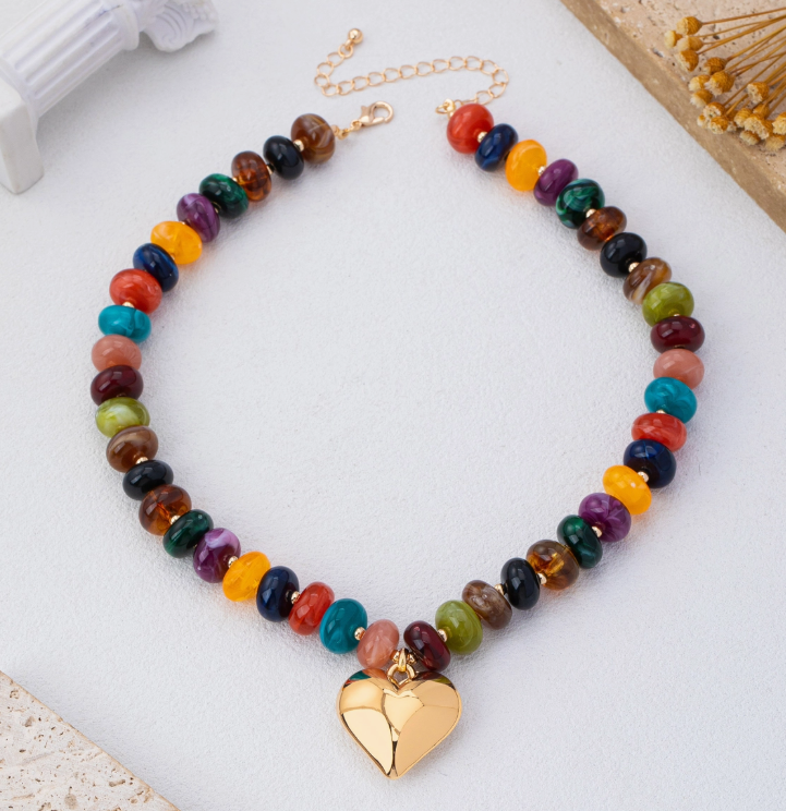 Amora Multicolor Beaded Heart Necklace - Gold