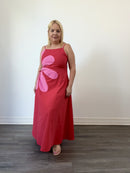 Jazmin Flower Cutout Midi Dress Red/Pnk Wht/Taupe